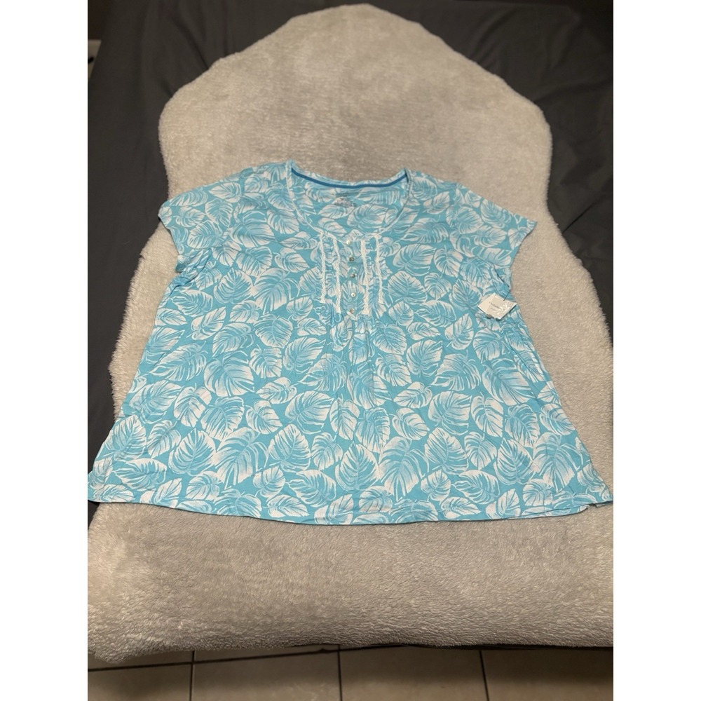 New Croft & Barrow Women's Blue Floral Intimates Short Sleeve Shirt Plus Size 2X